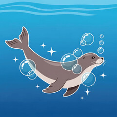 Cartoon Seal Underwater Swimming Freely Alone. © Ayam