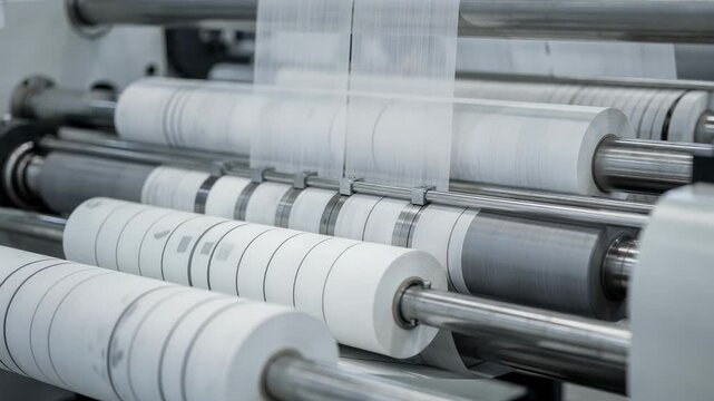 Closeup medium shot of a narrow web slitting process capturing the meticulous tension control as slim rolls are rewound highlighting technological precision and efficiency.