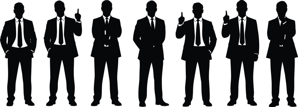 Black silhouette illustration of group of business people in suits and ties, standing side by side with varied poses including pointing gestures and formal stances.