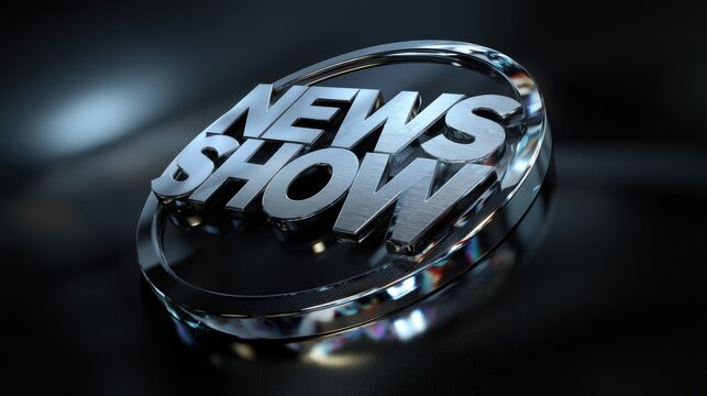 3D metallic logo of a news show with reflective surface and circular base, designed for television broadcast, set against a dark background with subtle lighting effects
