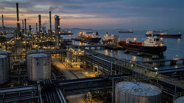 Oil refinery terminal at coastal port during sunset. Large cargo ship docking at sea terminal for fuel transport and distribution. Industrial energy facility for petrochemical production.