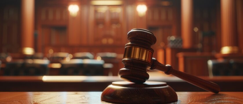 Close-up of a wooden judicial gavel on a polished desk in a blurred courtroom interior. Justice, law, and legal proceedings concept banner.