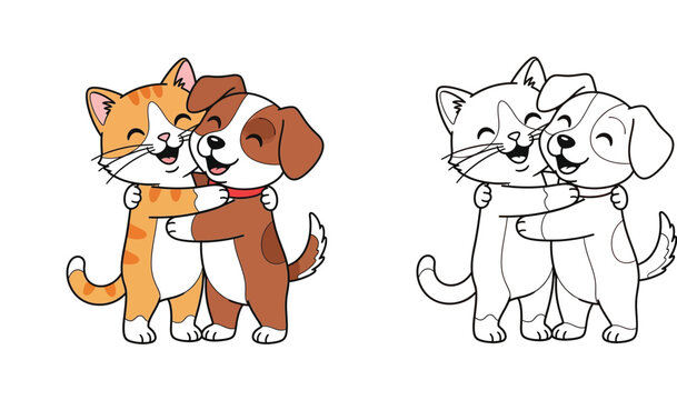 Cute Cartoon Cat and Dog Hugging Illustration with Coloring Page Version, Happy Best Friends Pets Embracing, Vector Animal Friendship Art for Kids Activity and Education