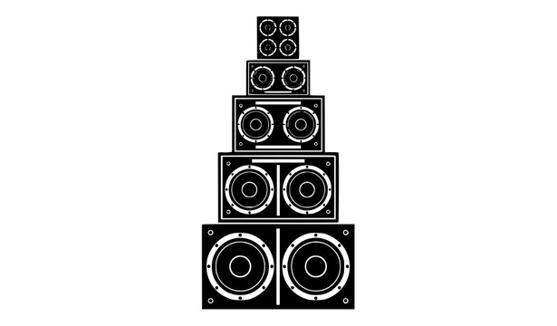 Towering stacked speaker sound system with subwoofer and tweeter arrangement black vector isolated on white background