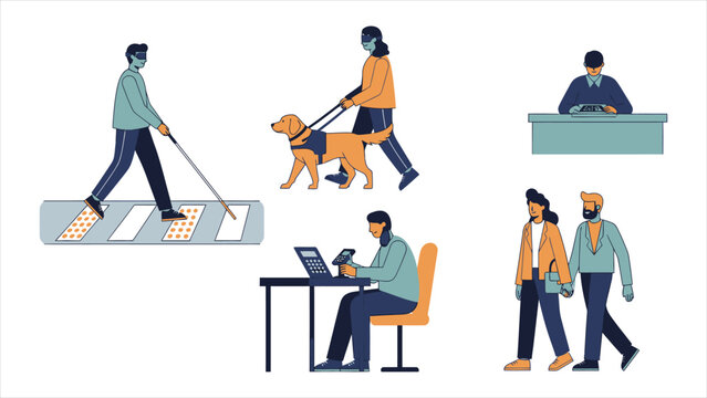 Blind People Silhouette Icon Set &ndash; White Cane, Guide Dog, and Accessibility Pictograms