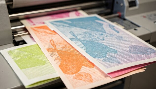 Medium shot of vibrant singlecolor risograph prints emerging from a compact duplicator with crisp details on zine pages and blurred background machinery.