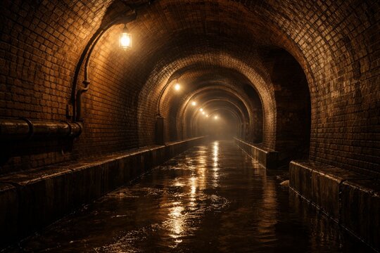 Moody underground brick tunnel sewer with reflective water, industrial lights and misty atmosphere