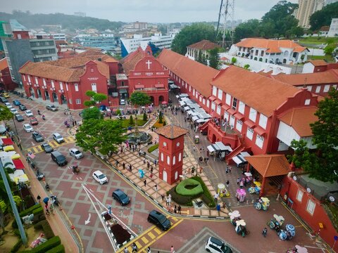 Aerial view of the historic Red Square in Melaka, Malaysia.