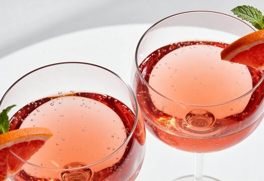 Two glasses of pink grapefruit spritz cocktail. Refreshing summer ros&eacute; wine aperitif with mint garnish on a white background