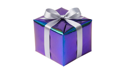 Fototapeta premium Isolated iridescent purple gift box with elegant silver ribbon bow for special occasion