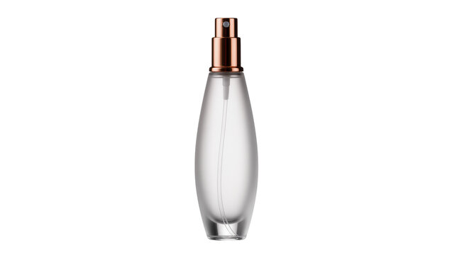 Isolated elegant frosted glass perfume spray bottle with a stylish rose gold pump