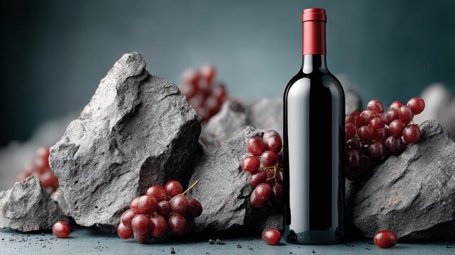 Red wine bottle with a red cap placed among dark rocks and clusters of red grapes, creating a rich and textured composition suitable for wine-related themes
