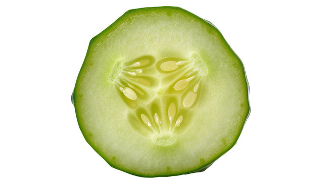 Isolated macro fresh green cucumber slice cross section revealing seeds inside