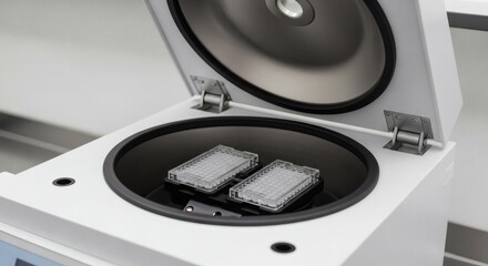 Fototapeta premium Open laboratory centrifuge loaded with two microtiter plates, essential equipment for scientific research and medical diagnostics.