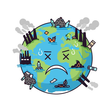 Sad Earth Polluted by Factories and Trash, Environmental Crisis