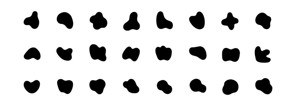 Black blob shapes set, organic abstract vector forms for design and paint. Collection Liquid silhouette isolated elements on white background