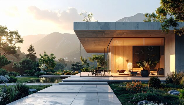 Modern house with pool and mountain view at sunset.