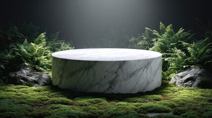 Elegant marble pedestal surrounded by lush green ferns and moss in a mystical forest setting