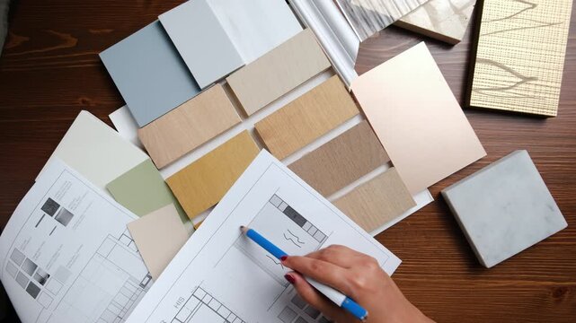 Architect workspace in Dubai with color samples, stone samples and design drawings - 4k stock video