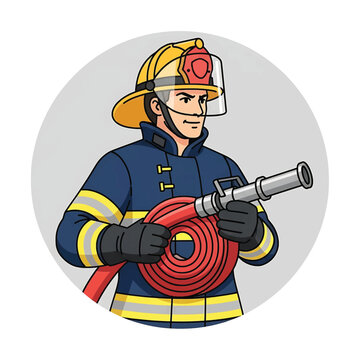 Firefighter in uniform holding hose.