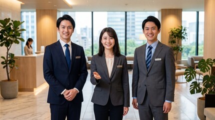 オフィスビルのエントランスで、笑顔でお客様をお出迎えする日本人社員