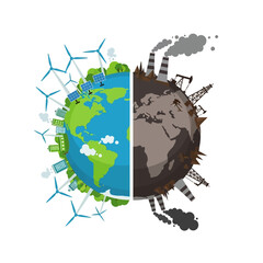 Naklejka premium Earth divided: clean energy vs pollution, renewable power vs industrial smog