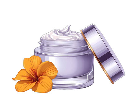 Illustration lavender moisturizer jar open with saffron flower crocin antioxidant brightening hydration skincare product mockup isolated transparent background cosmetic branding design