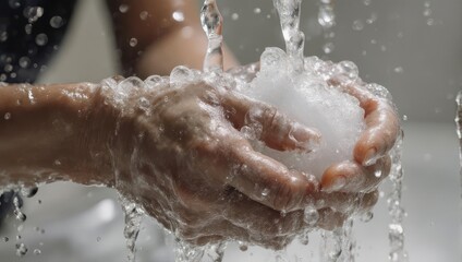 Fototapeta premium Hands cupped under running water, cradling a ball of snow. Focus on the tactile experience