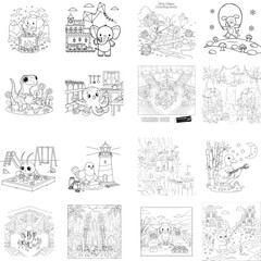 Naklejka premium Cute cartoon bear and cat having tea party, happy faces, playful illustration, black and white