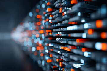Rows of server racks with glowing orange and blue indicators. The background is blurry, creating a sense of depth and technology.
