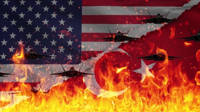 American and Turkish flags engulfed in flames, fighter jets soaring above, symbolizing geopolitical tension and conflict in a dramatic visual.