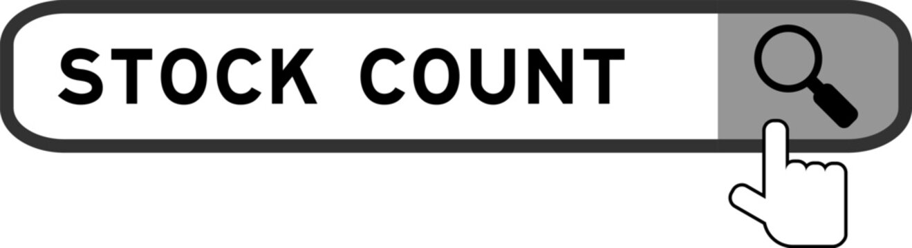 Search banner in word stock count with hand over magnifier icon on white background