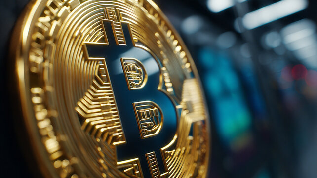 a coin with the bitcoin symbol, on the background of the server room.