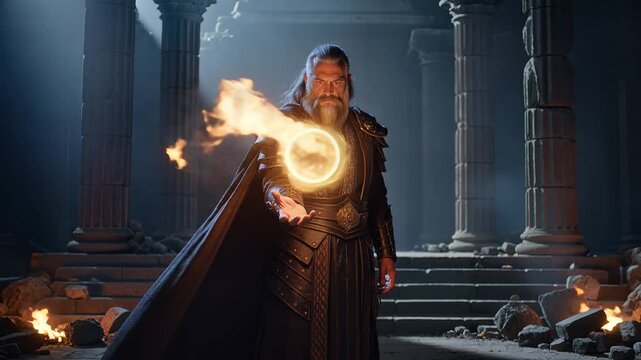A powerful wizard standing in ancient ruins, holding glowing fire magic, wearing dark robes, with intense flames burning around.