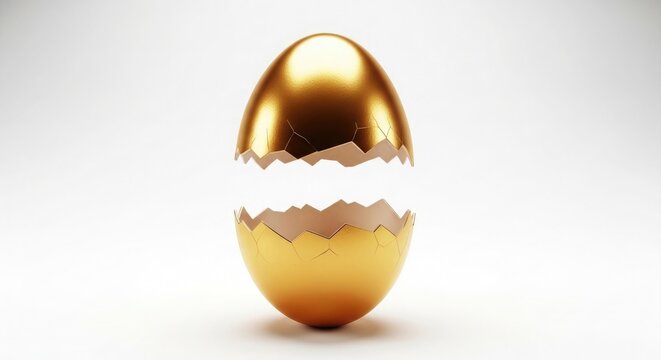 Golden egg shell splitting in half on white background