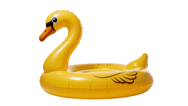 Isolated yellow inflatable swan pool float for summer holiday, swimming, and aquatic fun