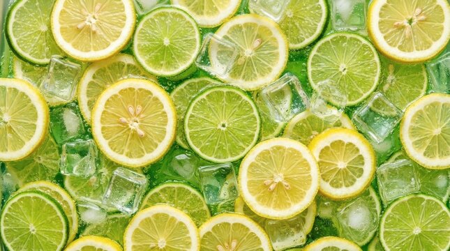 Fresh Sliced Lemons and Limes on Crushed Ice Background.