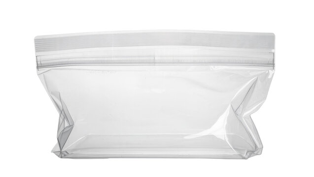 Isolated empty clear plastic zipper bag stand-up pouch for food storage and organization