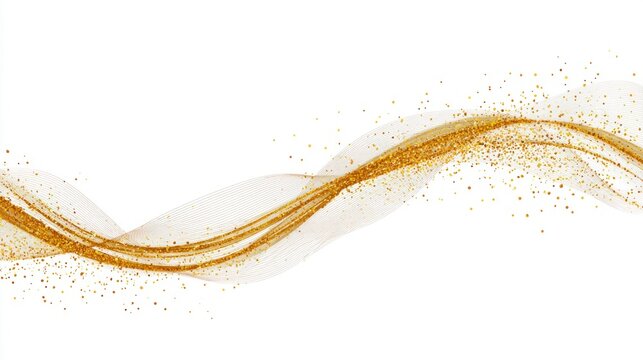 Elegant golden wave with shimmering glitter particles flowing across a white background