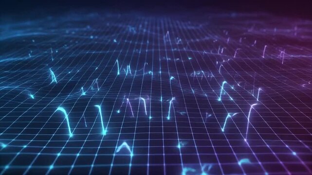 Neon-lit grid with glowing blue and purple lines and dots on a dark background with a futuristic and technological mood.