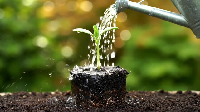 Close up of a small plant being watered from a watering can.