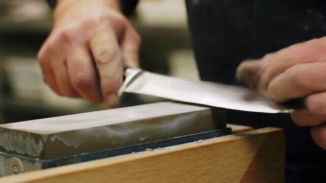 Close-up of hands sharpening a knife blade on a whetstone.