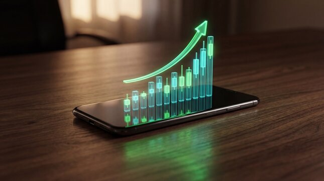 A smartphone displaying a glowing green graph with an upward trend on a wooden table in a dark room with a window in the background