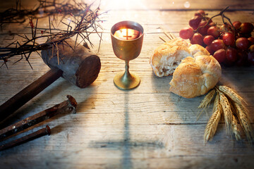 Last Supper - Holy Communion And Passion With Bread And Chalice Of Wine - Crosses In Reflection In...
