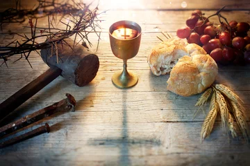 Last Supper - Holy Communion And Passion With Bread And Chalice Of Wine - Crosses In Reflection In Holy Grail, Crown Of Thorns With Grapes And Wheat © Romolo Tavani