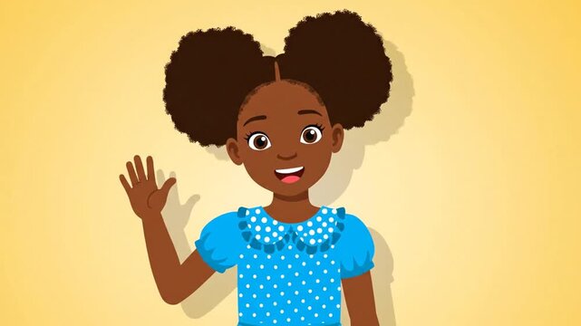 Cute African American Girl in Blue Polka Dot Dress, Smiling - Animation