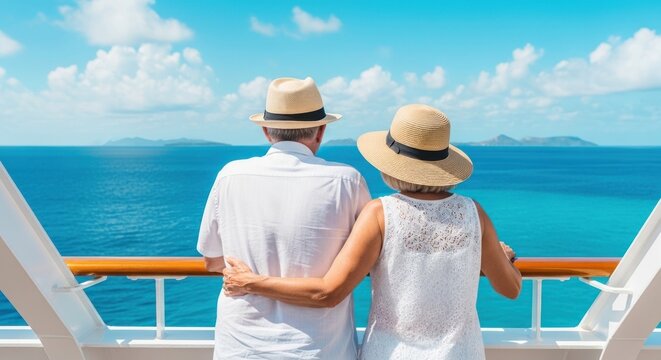 Couple embracing on a cruise ship deck overlooking ocean with island