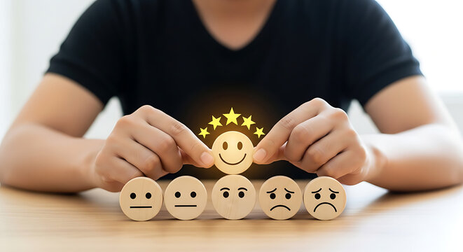 Hands placing happy face with glowing stars, representing excellent customer service, positive feedback, and satisfaction rating experience