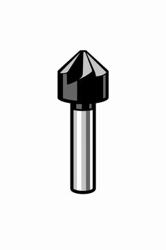A black and white illustration of a countersink drill bit with a shiny metal shaft and a conical tip for creating angled holes