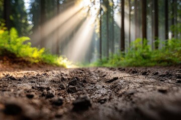 Fototapeta premium Captivating morning light shining through a lush forest path, illuminating the ground, creating a peaceful and serene atmosphere, perfect for nature lovers.